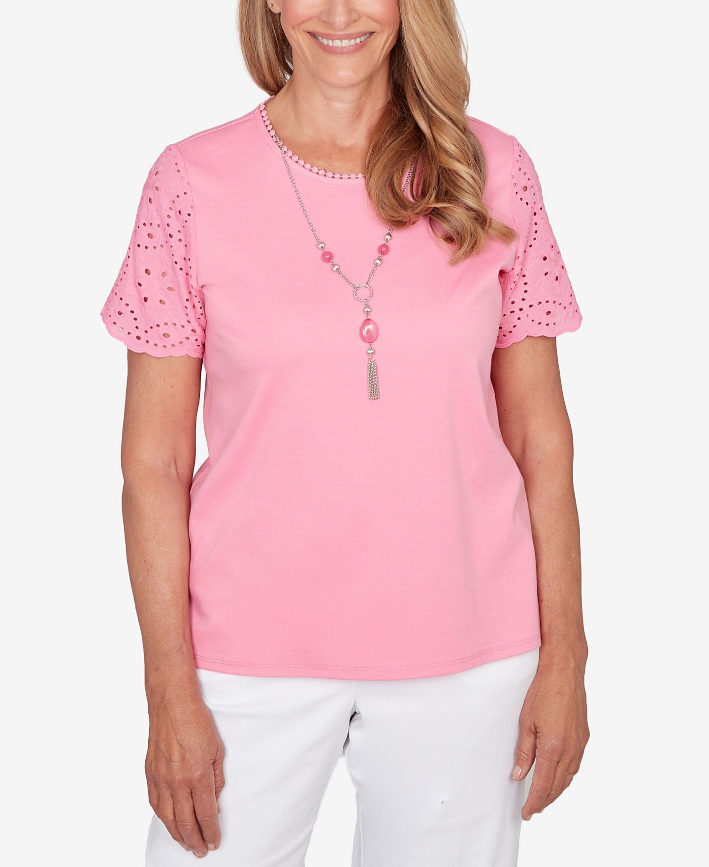 Женская футболка Alfred Dunner Classic Solid Eyelet Sleeve with Necklace, цвет: Розовый — фото 1