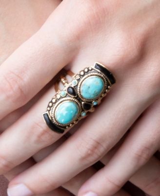 Double Up Blue Turquoise and Black Onyx Golden Ring
