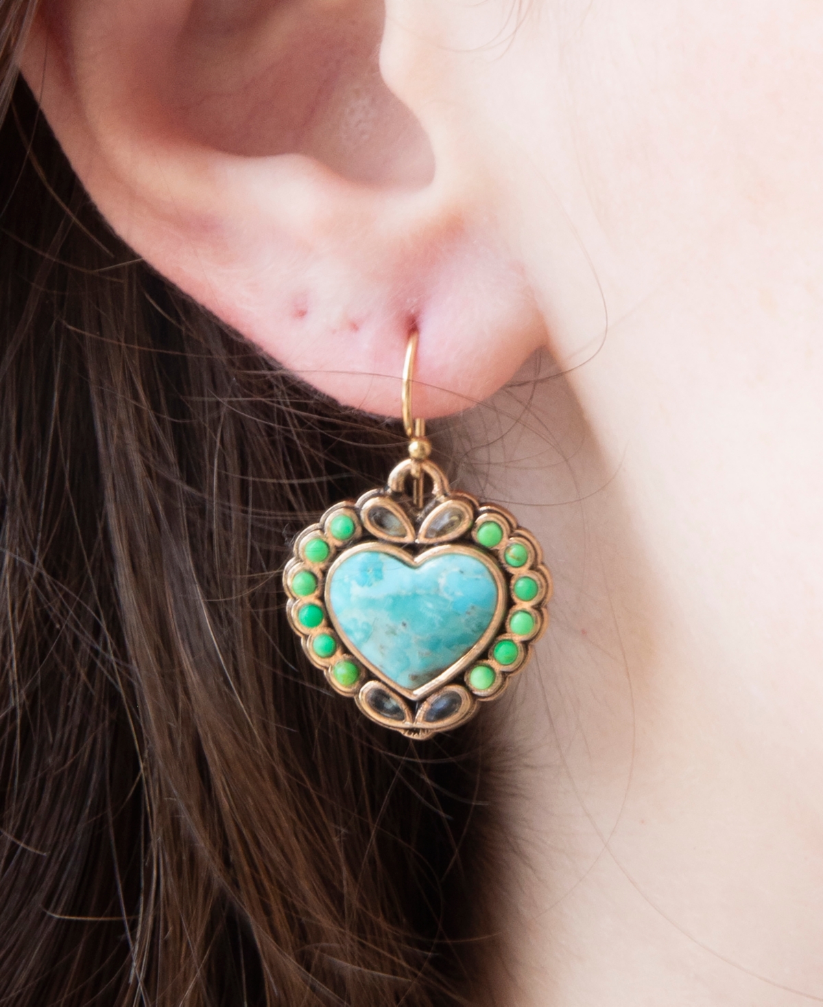 Barse Legacy Heart Lime Green and Blue Turquoise Golden Drop Earrings