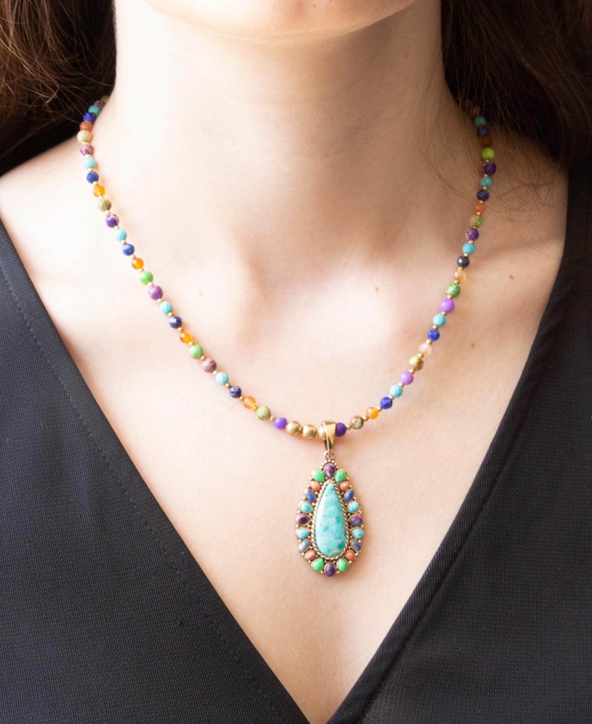 Barse Concho Colorful Blue Turquoise Golden Pendant Necklace