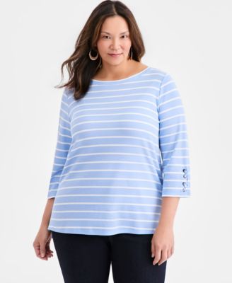 Plus Size Boat-Neck Cotton Lace-Up-Sleeve Tunic