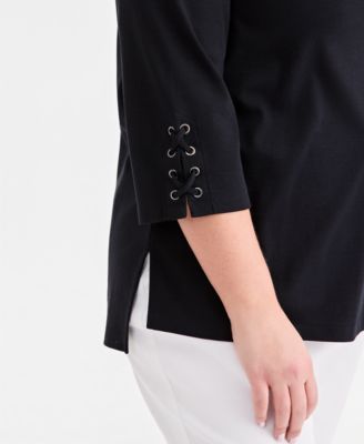 Plus Size Solid Boat-Neck Cotton Lace-Up-Sleeve Tunic