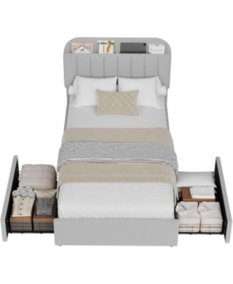 Boucle Storage Bed with Built-In Bookcase, 2 Drawers, Sturdy Frame, No Box Spring Required - Full