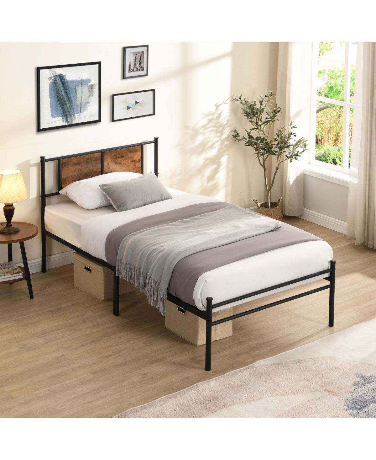 Streamdale Furniture Twin Xl Size metal bedframe, Headboard with wood panel decoration