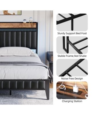 Queen Bed Frame with LED Light Charging Station Upholstered Storage Headboard Metal Slats Black