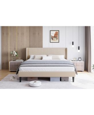 King Size Bed Frame Velvet Upholstery Platform Wingback Headboard