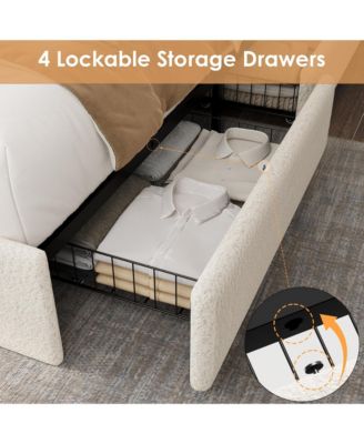 Full Size Boucle Bed Frame with Storage Headboard, Charging Station and LED Lights