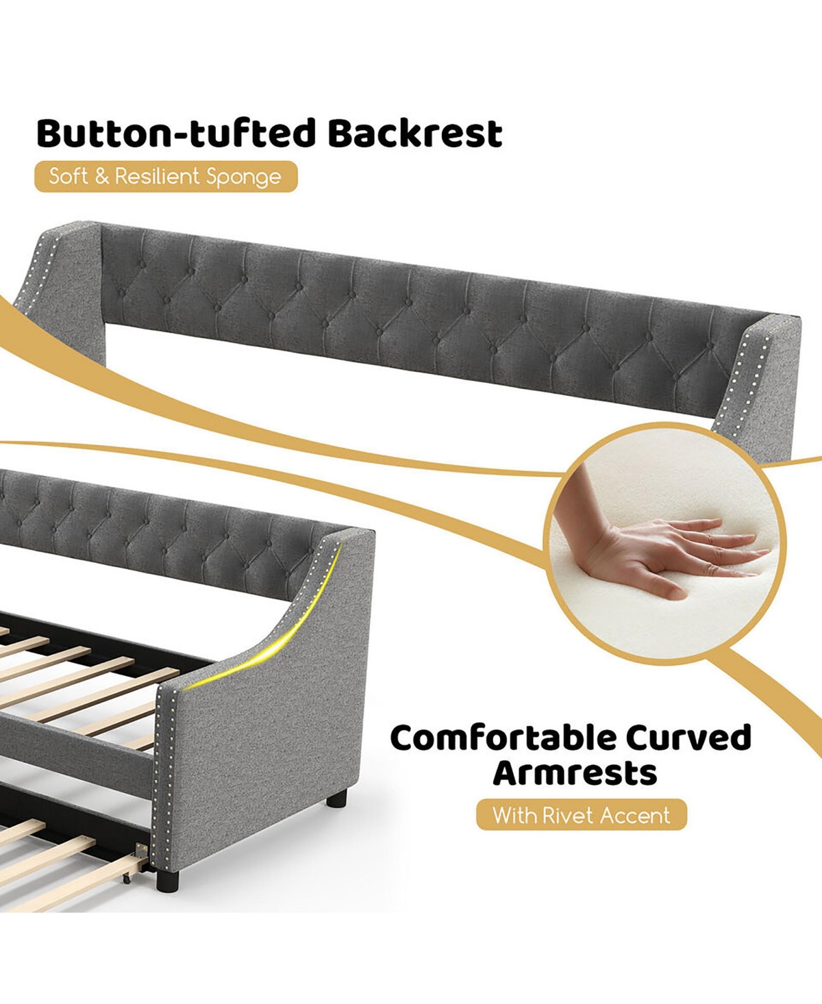 Gymax Twin Size Daybed w/ Trundle wingback Armrests & Button Tufted Backrest
