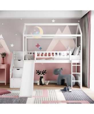  Twin Loft Bed with Drawers and Slide, Gray
