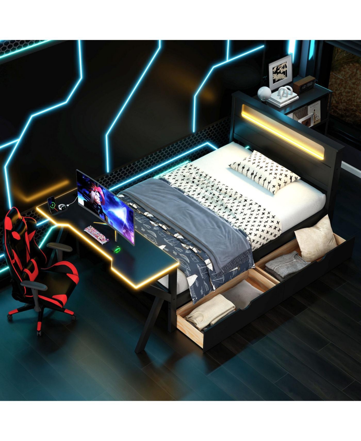 Streamdale Twin Size Gaming Bed with Led Headboard, Desk, Usb & Storage, Black
