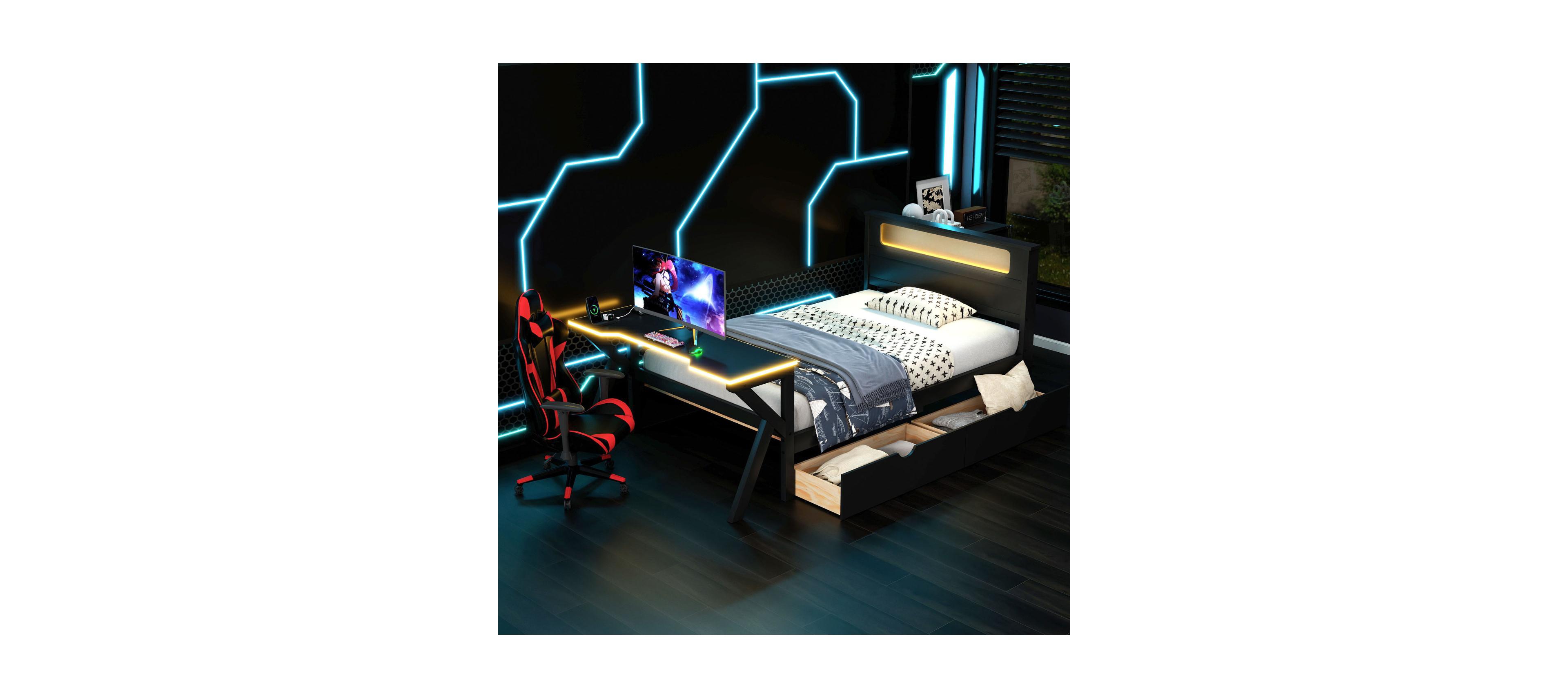Streamdale Twin Size Gaming Bed with Led Headboard, Desk, Usb & Storage, Black
