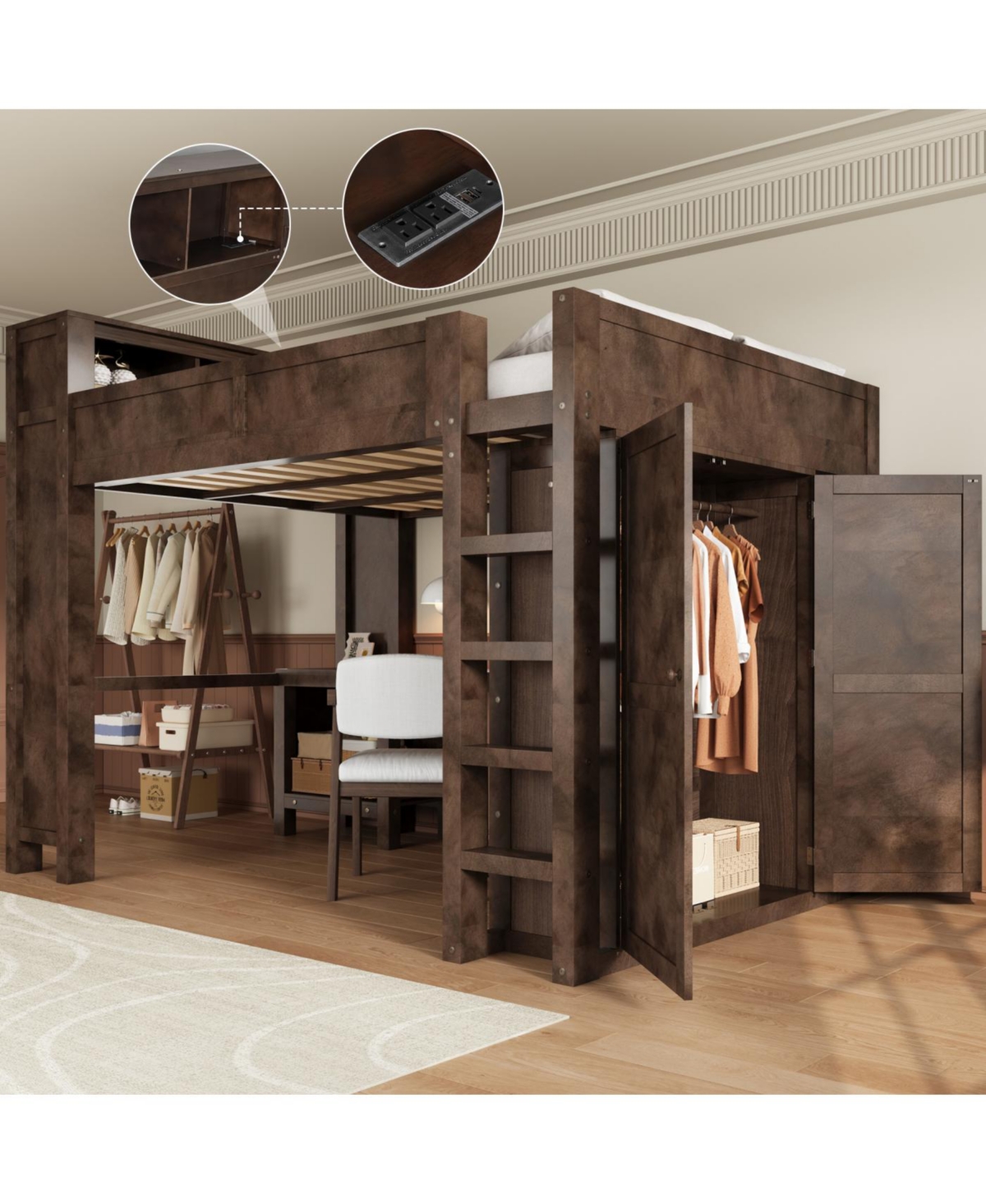 Streamdale Furniture Wooden Queen Loft Bed with Wardrobe, Desk, Storage Headboard