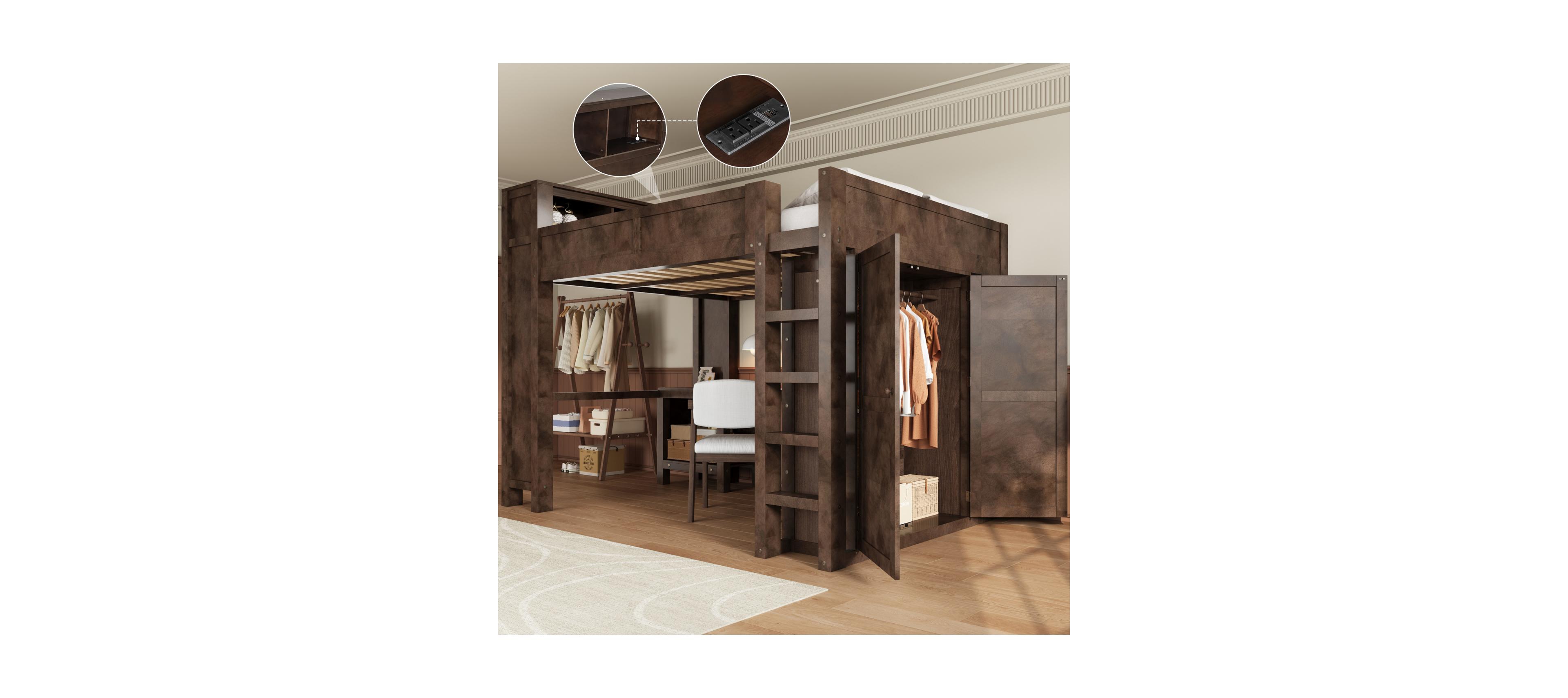 Streamdale Furniture Wooden Queen Loft Bed with Wardrobe, Desk, Storage Headboard
