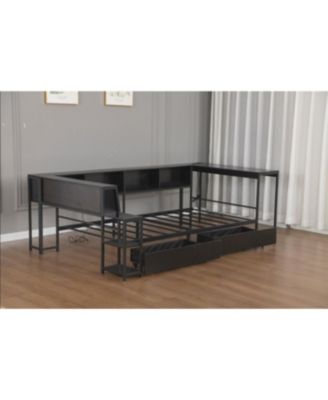 Streamdale Twin Corner Bed Frame with Bookcase, LED, and Storage Drawers