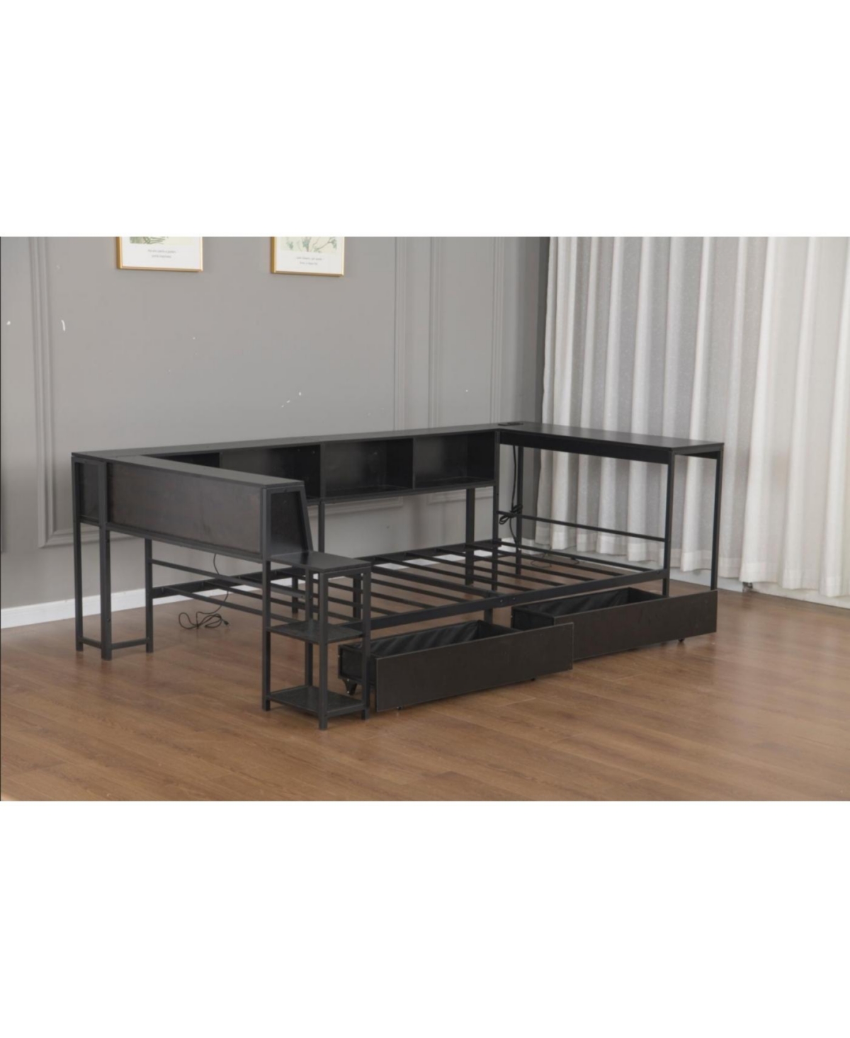 Streamdale Furniture Streamdale Twin Corner Bed Frame with Bookcase, Led, and Storage Drawers