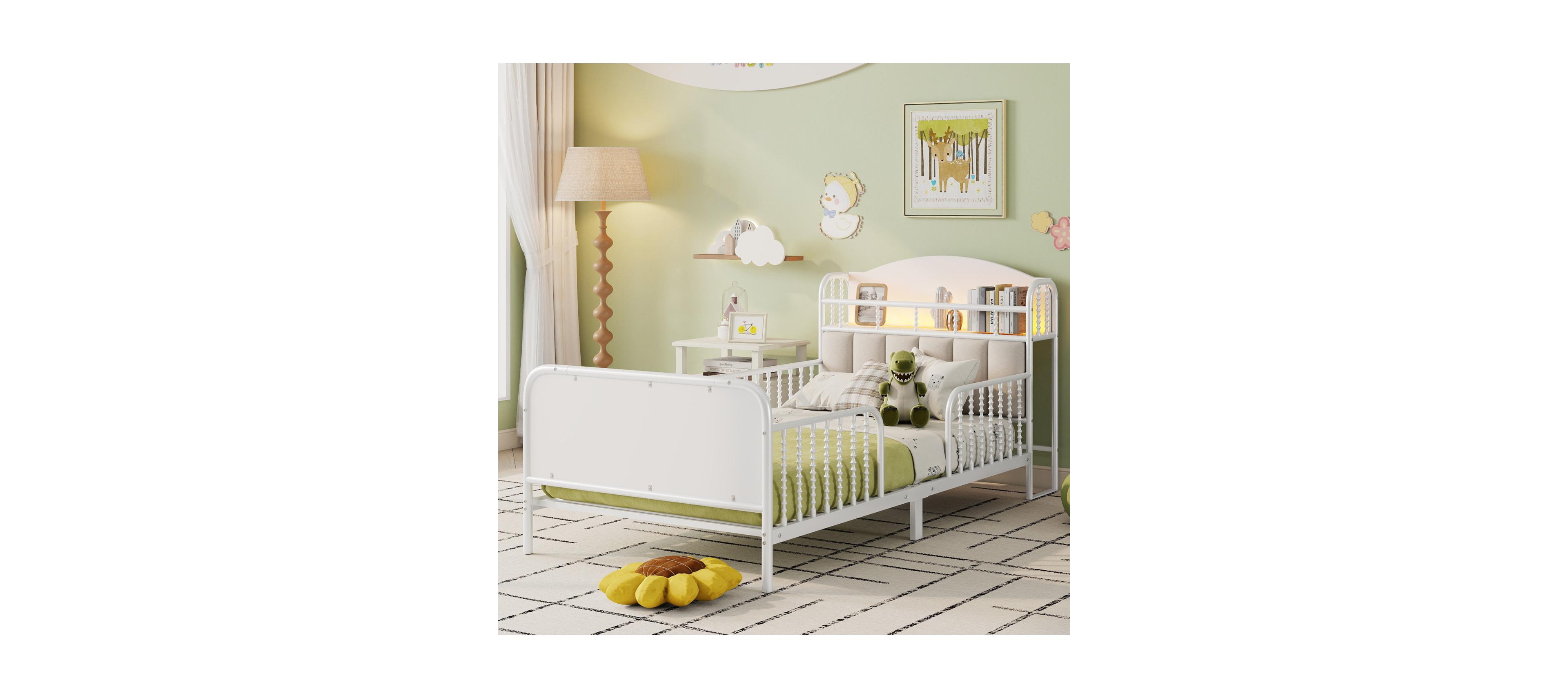 Streamdale Furniture Streamdale Twin Metal Platform Bed with Upholstered Storage Headboard, White