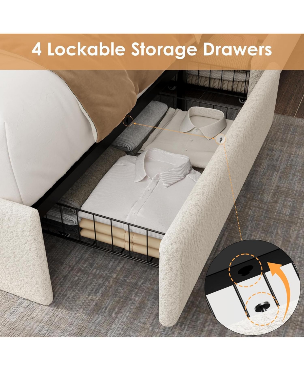 gaomon Full Size Boucle Bed Frame with Storage Headboard, Charging Station, Led Lights, 4 Drawers, No Box Spring Needed, Beige