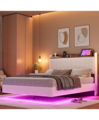 Queen Size Floating Bed Frame with LED Lights, Charging Station, Storage Headboard, No Box Spring Needed, White