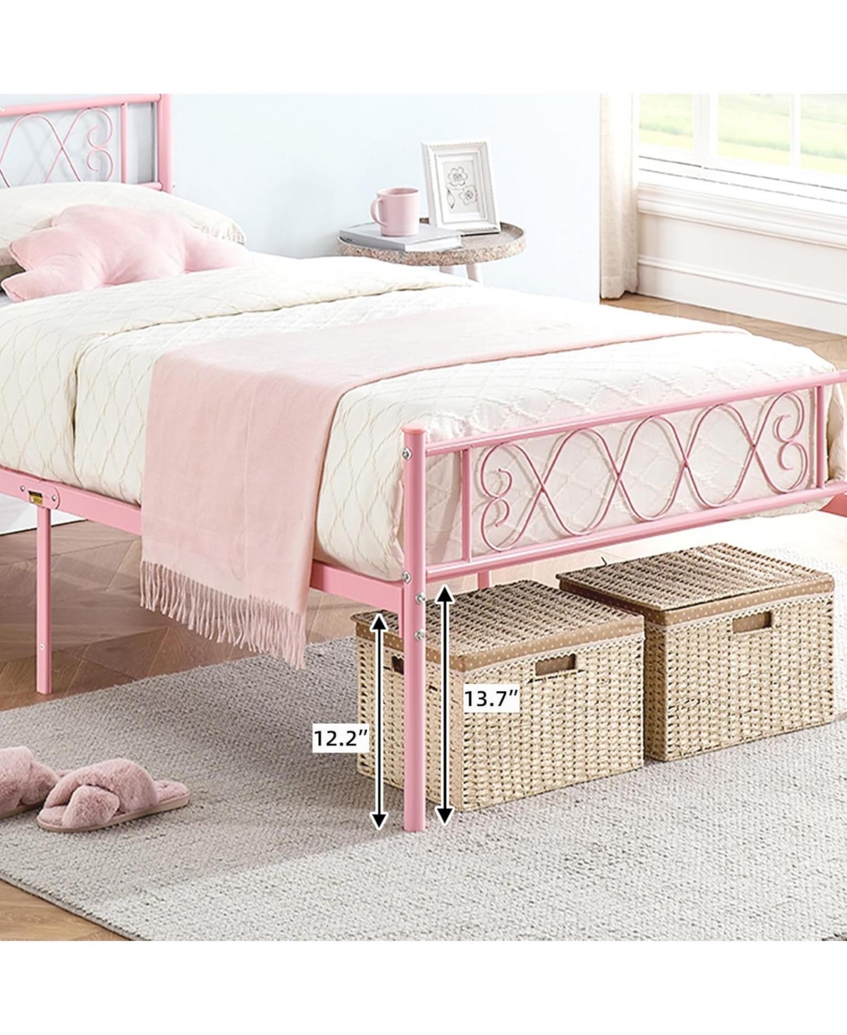 Gaomon Twin Pink Metal Bed Frame with Headboard Footboard for Girls Boys Sweet Heart Iron Art No Box Spring