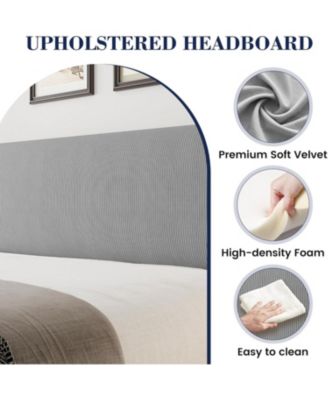 King Size Upholstered Bed Frame Wingback Headboard Velvet Platform No Box Spring Needed Durable Wood Slats Light Grey