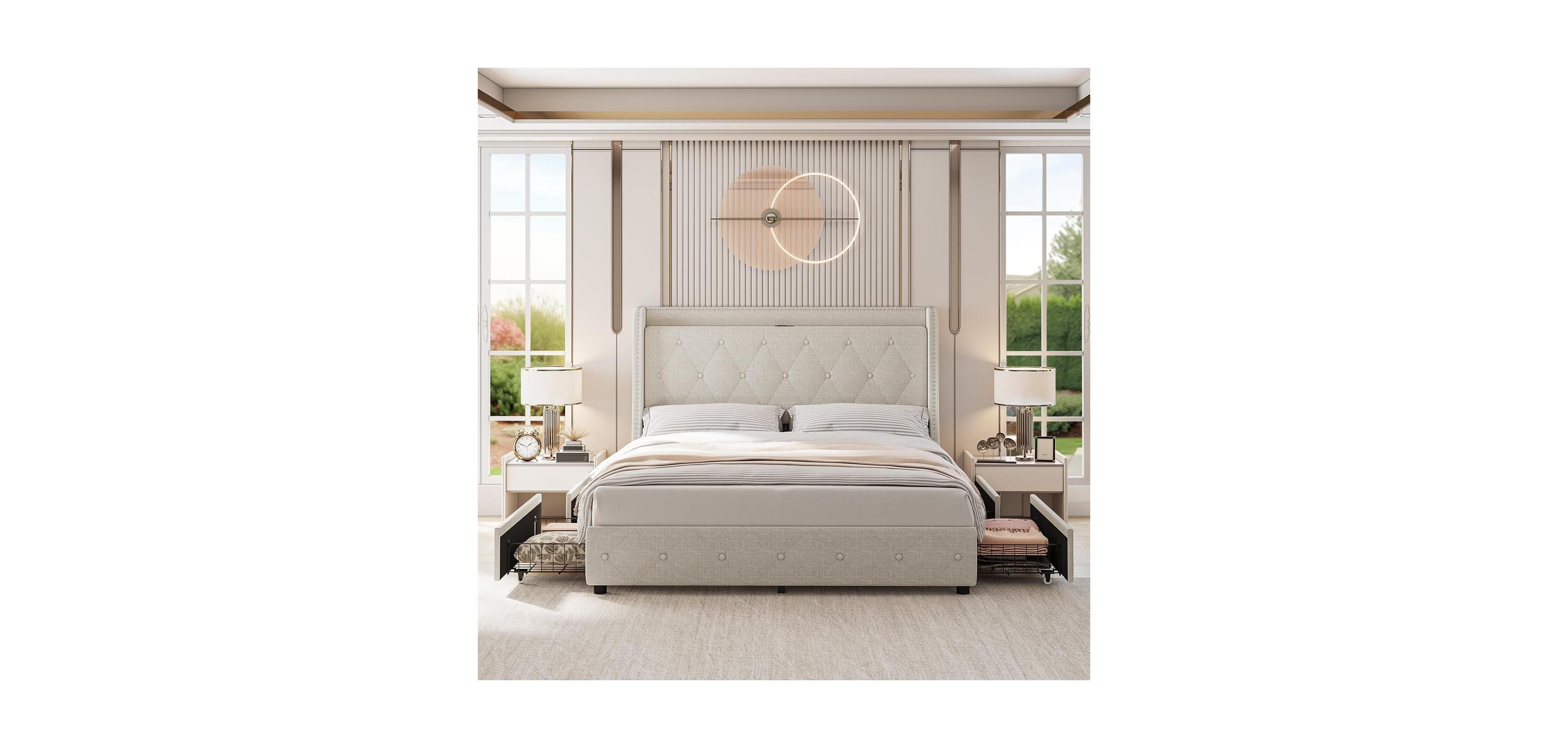 gaomon Queen Size Bed Frame with Storage Headboard Usb Ports Charging Outlets Metal Frame Wood Slats No Box Spring Needed Heavy Duty Beige