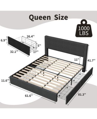 Queen Size Bed Frame with 4 Storage Drawers, Platform Queen Bed Frame with Upholstered Channel Tufted Wingback Headboard