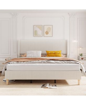 Full Bed Frame, Upholstered Platform Corduroy Bed Frame with Vertical Channel Tufted Wingback Headboard