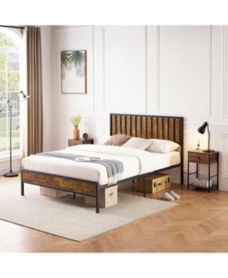 Platform Bed with Wooden Headboard and Footboard, 14-Bar Steel Support Frame, Strong Noise-Free Structure, No Box Spring Needed, Brown