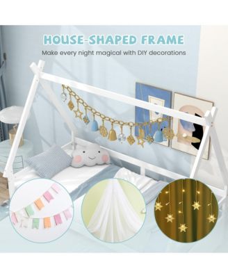 Twin Size House Bed w/ Trundle Roof & Safety Guardrail Wood Slat Support