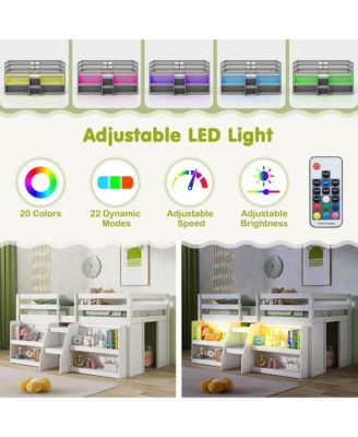 Twin Size Loft Bed w/ LED Lights Staircase & Safety Guardrail Under-bed Storage