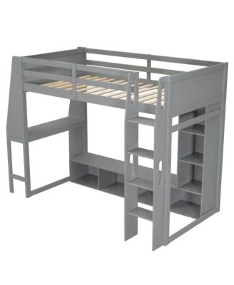 Gray Wood Twin Size Gaming Loft Bed w Built In Desk Storage Cabinets Hanging Clothes Rack LED Lighting Kids Teens Bedroom Furniture