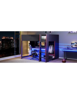 Wood Gaming Loft Bed with BuiltIn Desk Wardrobe and Storage Drawer LED Lighting Space Saving Furniture for Teens and Adults Bedrooms