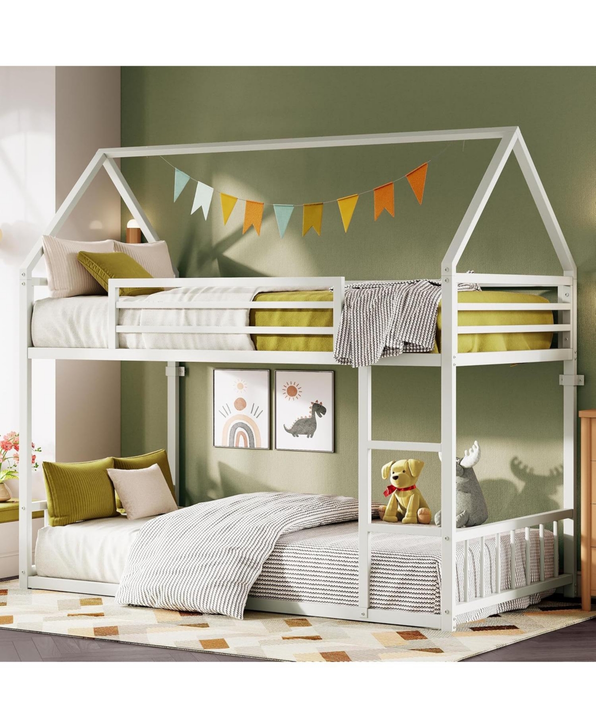 Likimio Bunk Bed Twin Xl Over Twin Xl, Metal Bunk Bed Frame with Ladder and Guardrail, House Shaped with Metal Slats for Dormitory and Bedroom