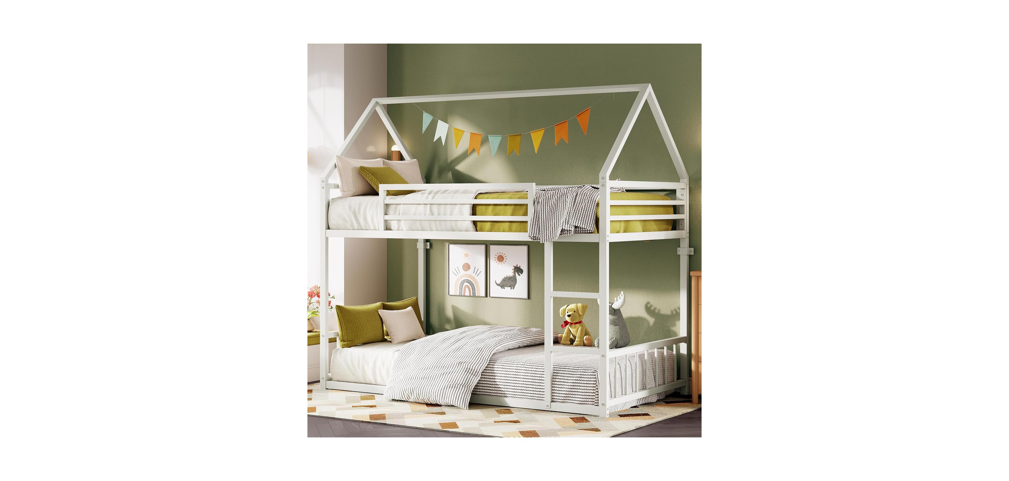 Likimio Bunk Bed Twin Xl Over Twin Xl, Metal Bunk Bed Frame with Ladder and Guardrail, House Shaped with Metal Slats for Dormitory and Bedroom