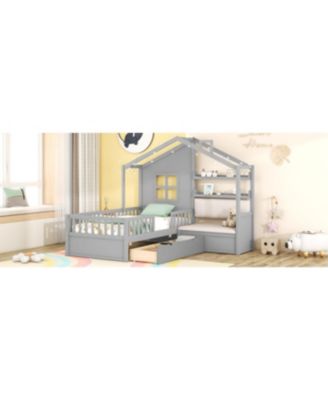 Twin Size Pinewood House Bed with Linen Sofa, Drawers and Storage Shelf