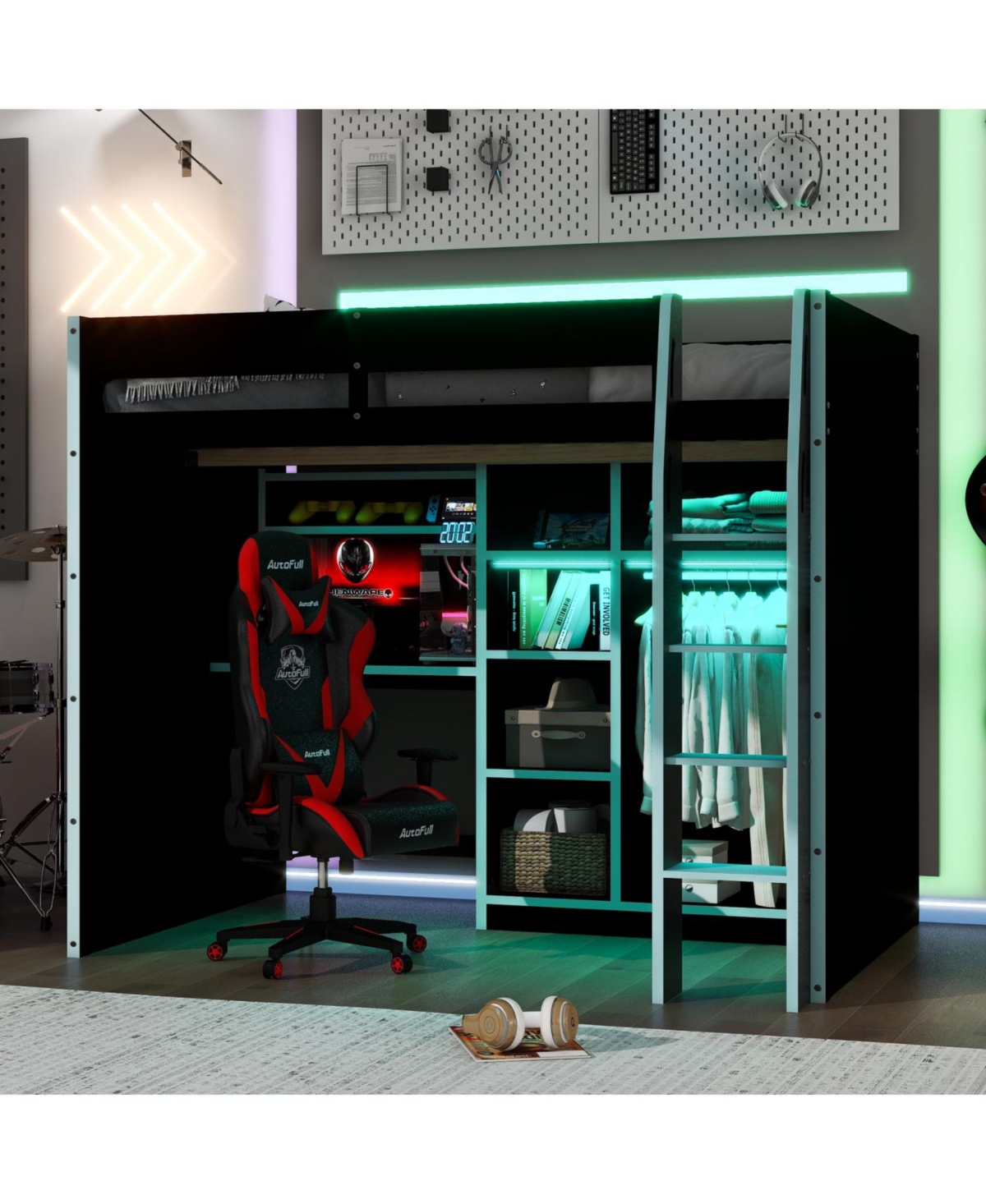 Streamdale Furniture Full Wood Loft Bed with Desk, Wardrobe, Storage & Rgb Lights