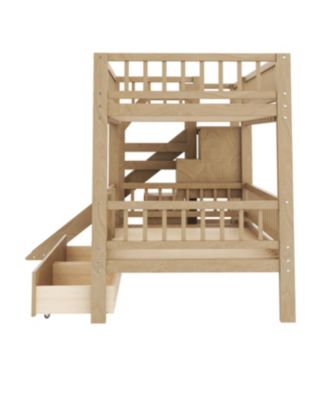 Twin over Twin Bunk Bed w/ Storage Stairs, Slide, 2 Drawers, Walnut