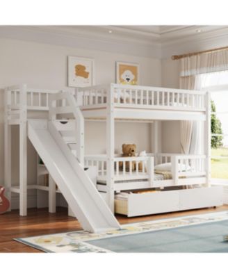 Twin over Twin Bunk Bed w/ Storage Stairs, Slide, 2 Drawers, Walnut