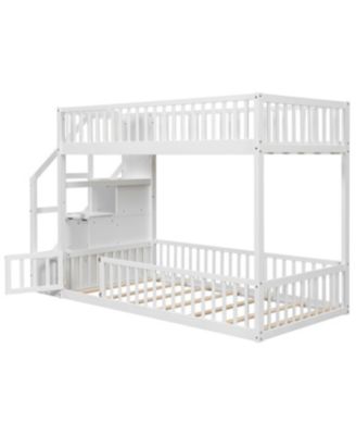 Twin over Twin Floor Bunk Bed, Ladder with Storage