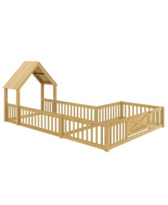 Twin Size House Floor Bed with Door and Guardrails, Natural