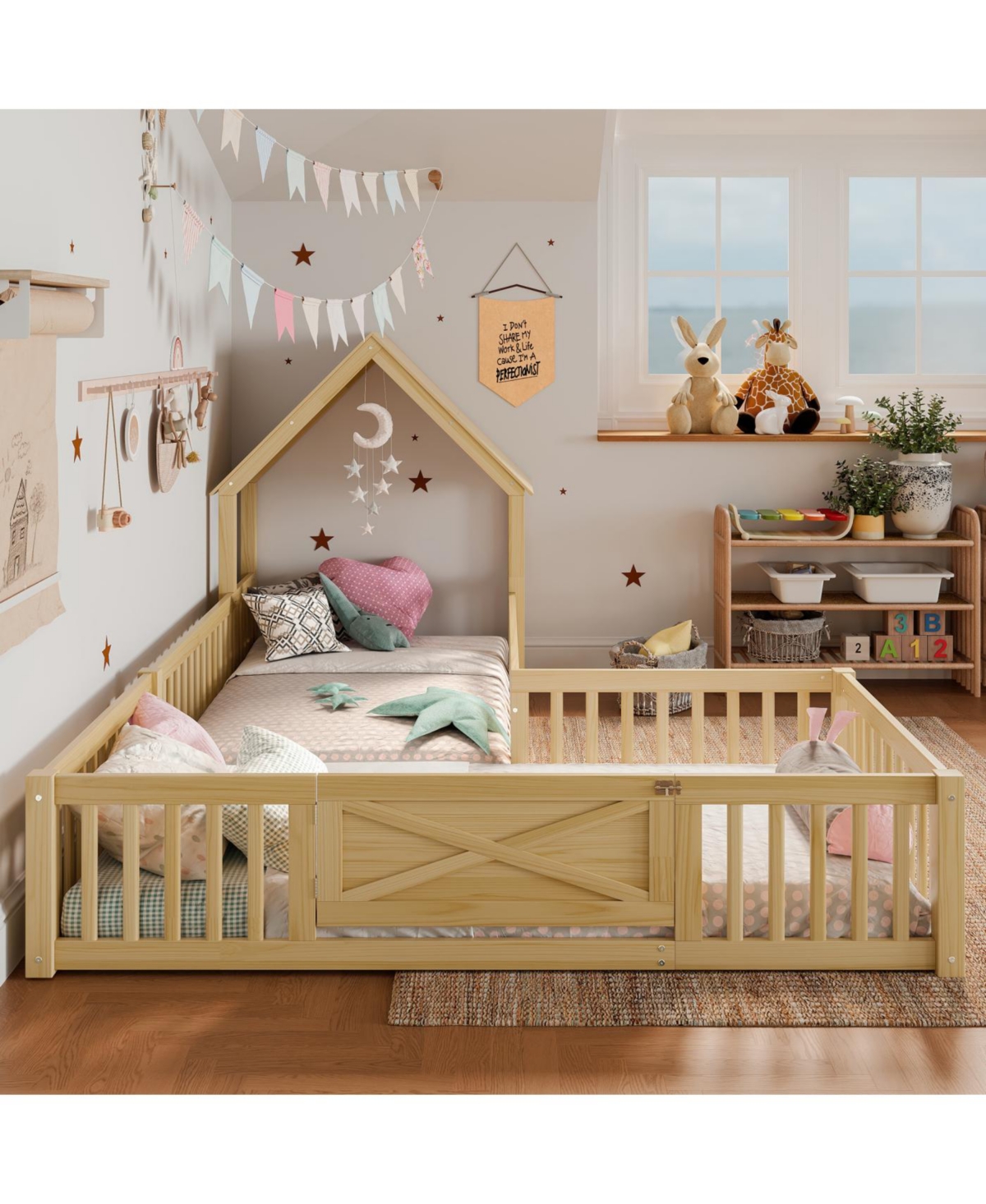 Streamdale Furniture Twin Size House Floor Bed with Door and Guardrails, Natural