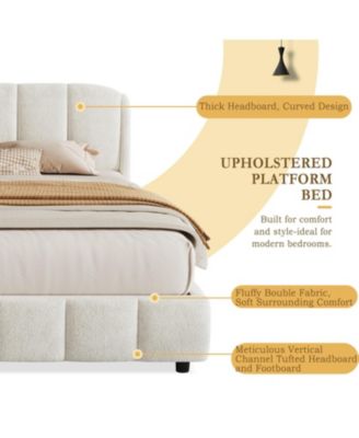 Boucle Fabric Platform Bed with Curved Headboard - Queen