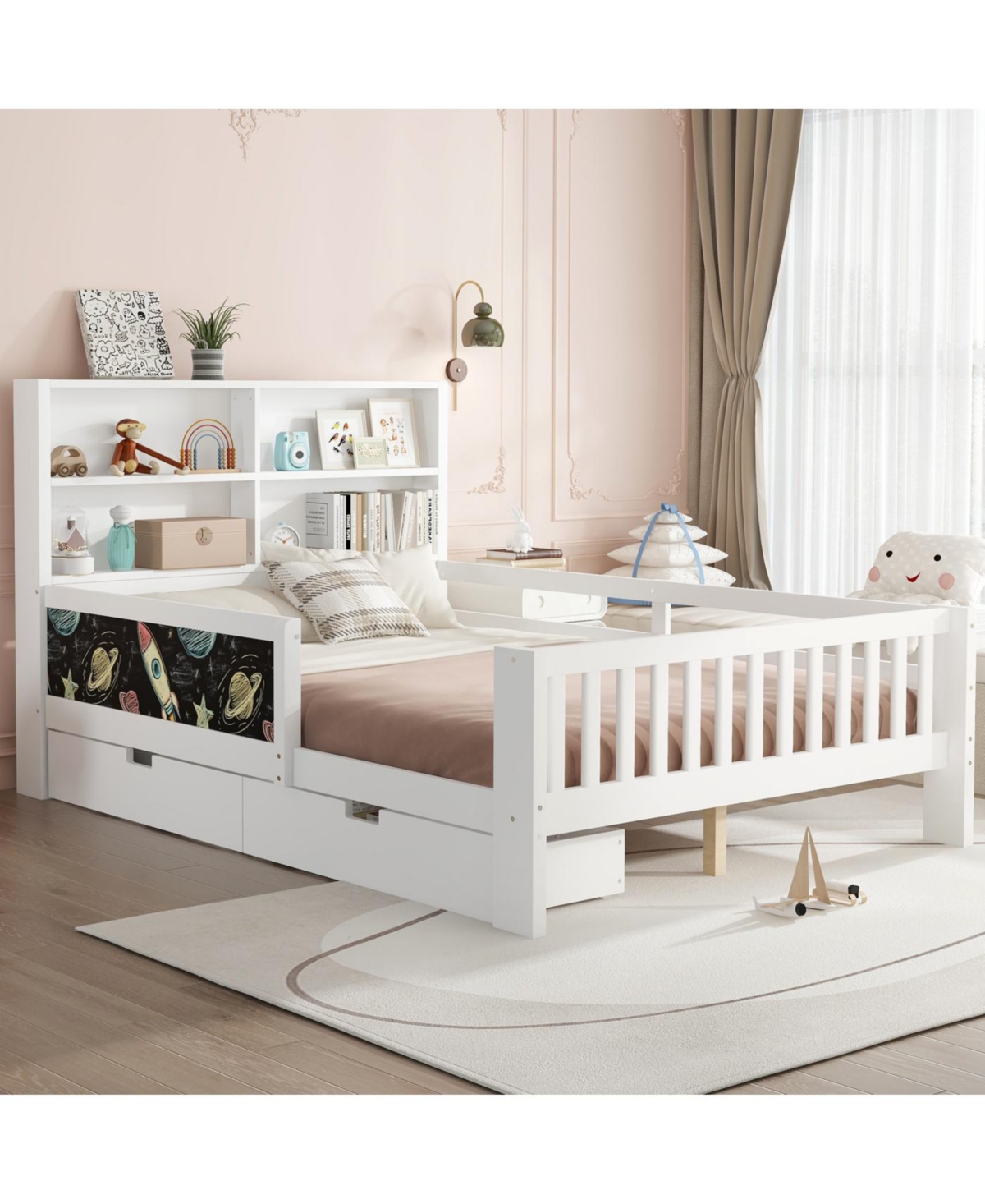 Streamdale Furniture Full Platform Bed with Chalkboard, Storage, Shelves