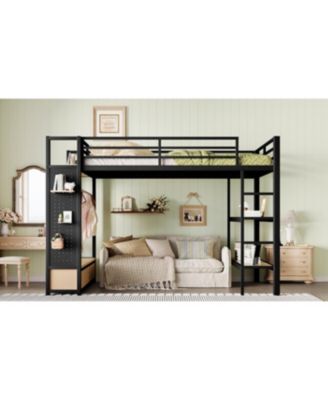 Streamdale Queen Loft Bed Frame with Wardrobe & Storage Shelves, Black
