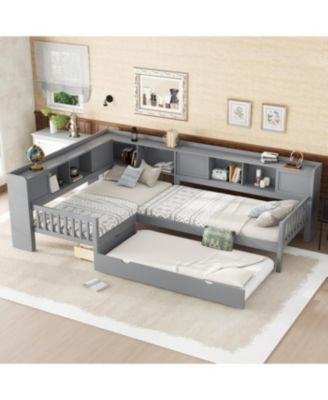 Streamdale L-shaped Twin Platform Bed with Trundle, Storage Drawers & Shelves, Grey