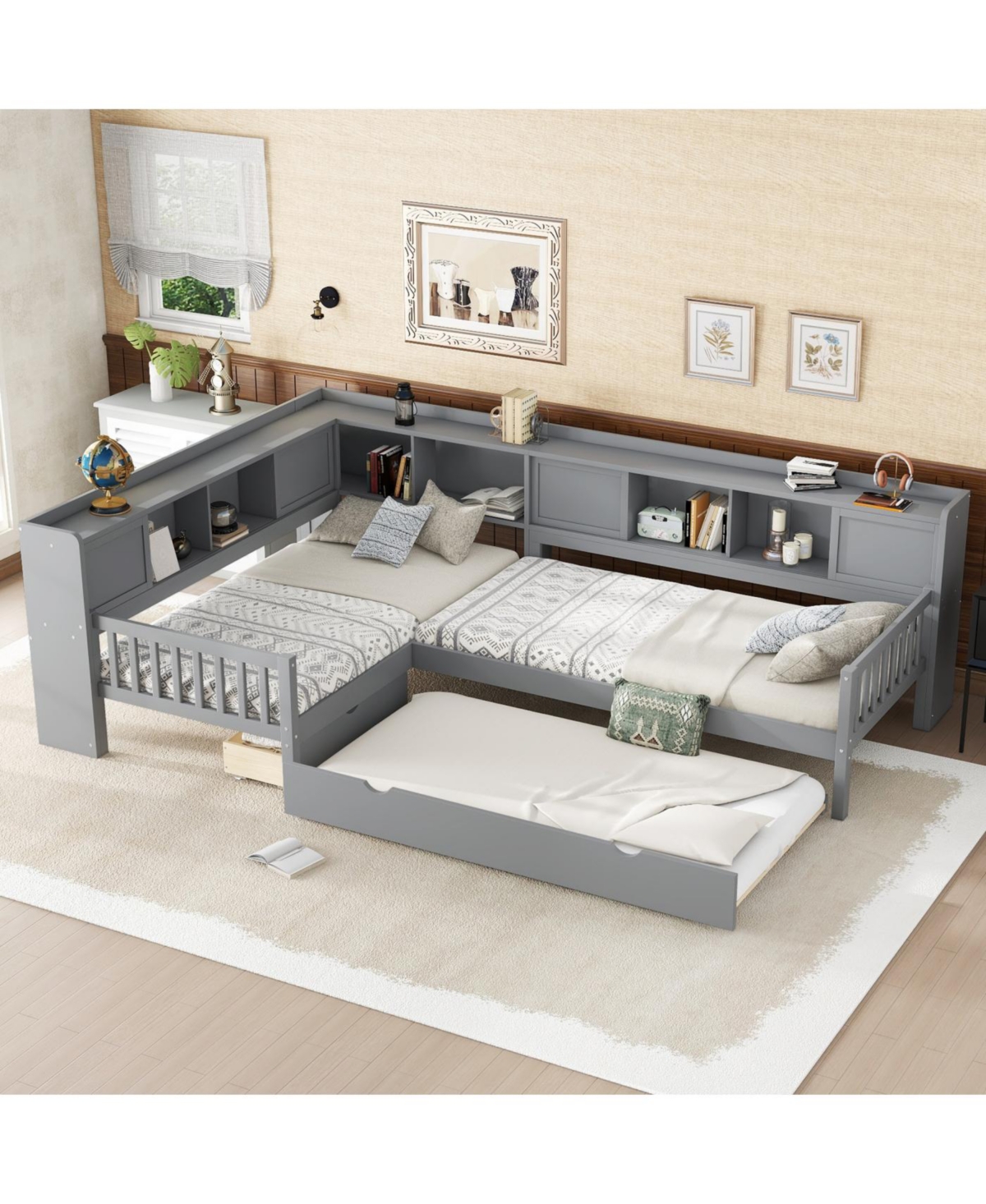 Streamdale Furniture Streamdale L-shaped Twin Platform Bed with Trundle, Storage Drawers & Shelves, Grey