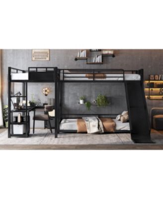 L-Shaped Metal Bunk Bed with Twin Loft, Desk, Storage, and Slide (Black)