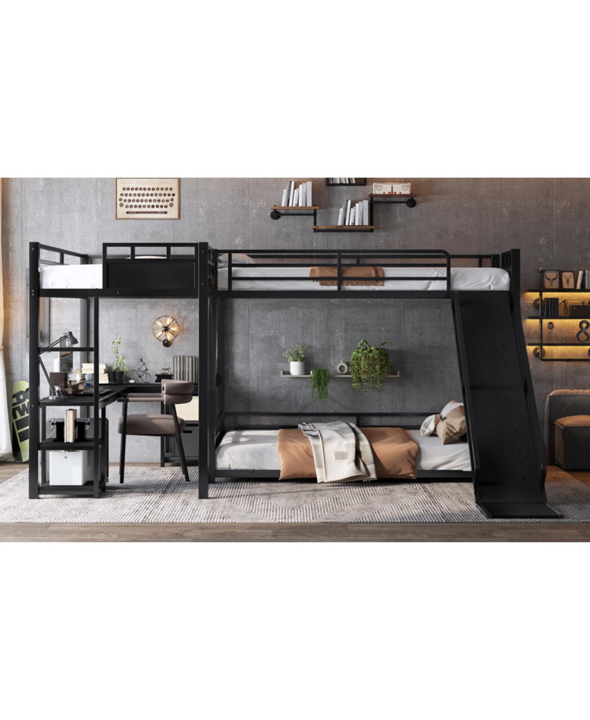Streamdale Furniture L-Shaped Metal Bunk Bed with Twin Loft, Desk, Storage, and Slide (Black)