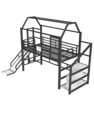 Streamdale Twin Loft Bed with Slide, Stairs, Storage & House Roof - Black