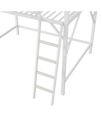  Queen Size Loft Bed with Ladder and Storage Shelves, White